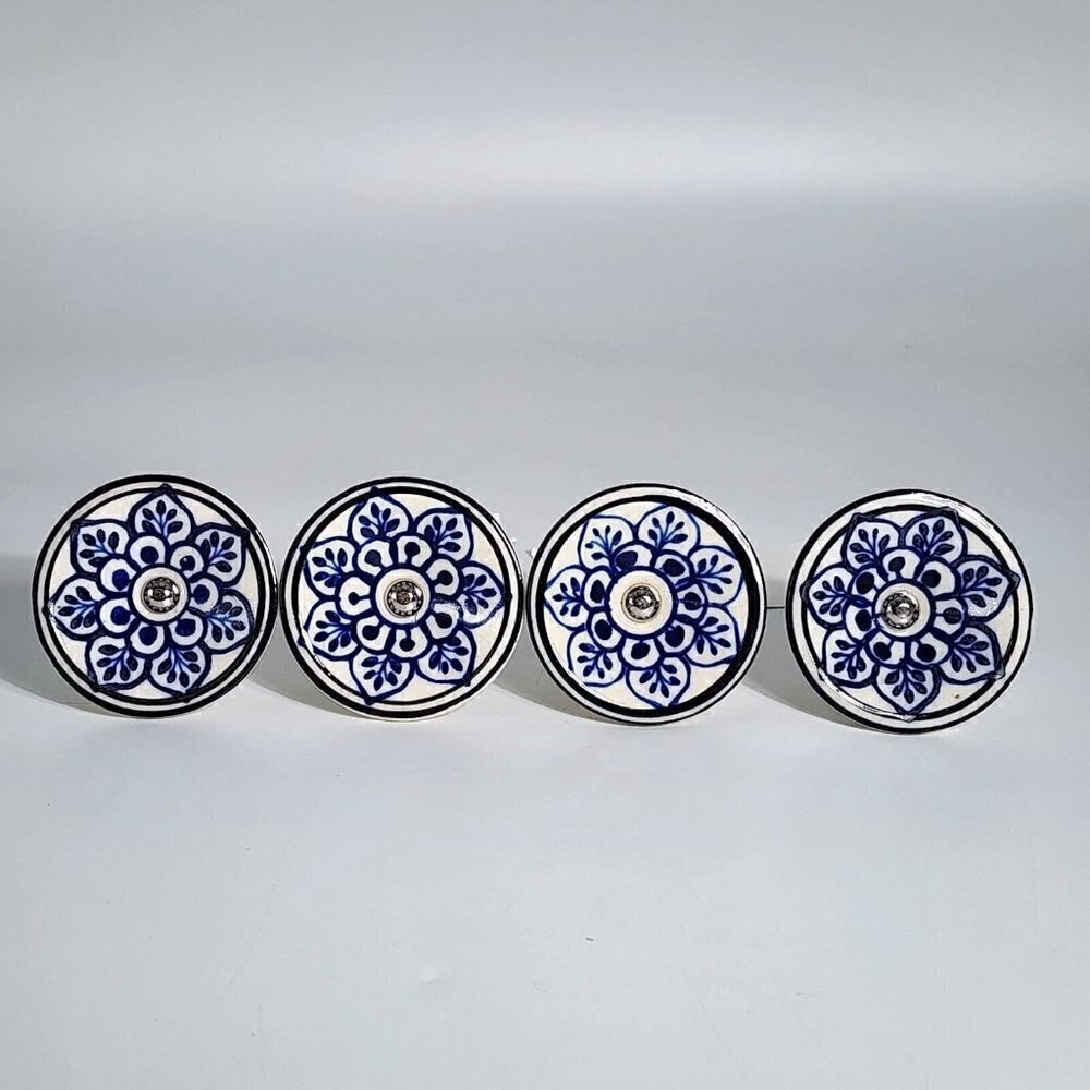 Home Decor Unique Ceramic Knobs Pulls for Kitchen Dresser Blue Floral Lot of 4